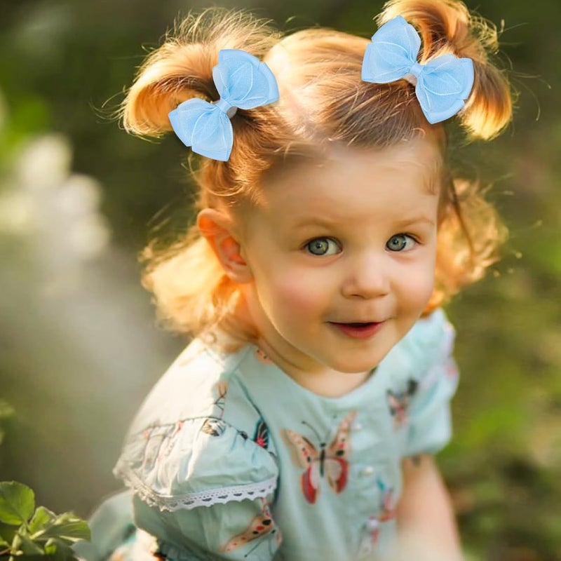 Zolyco Tiny 3 Inch Organza Double Hair Bow Clips - Lined Boutique Alligator Hairpin for Baby Girls, Toddlers, and Little Teens - Kids Barrettes Set of 2 Small Stylish (Light Blue) - Image 2